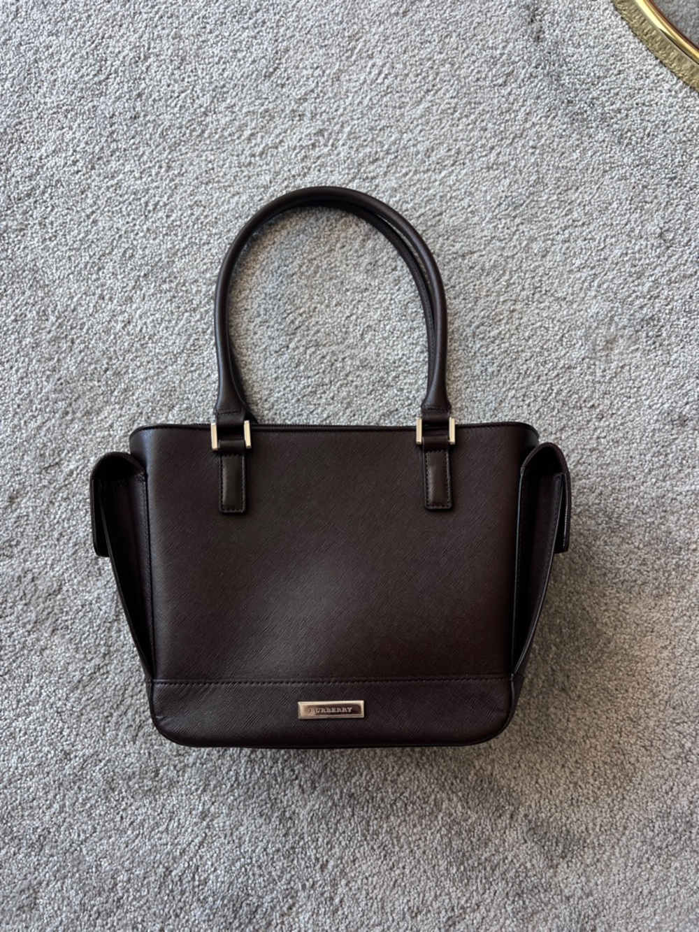 Burberry Nova Check Saffiano Leather Trapeze Tote Bag Dark Brown Authentic